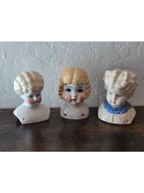 Antique Porcelain Doll Heads Set 3 Blonde Blue Eyes Sewing Holes